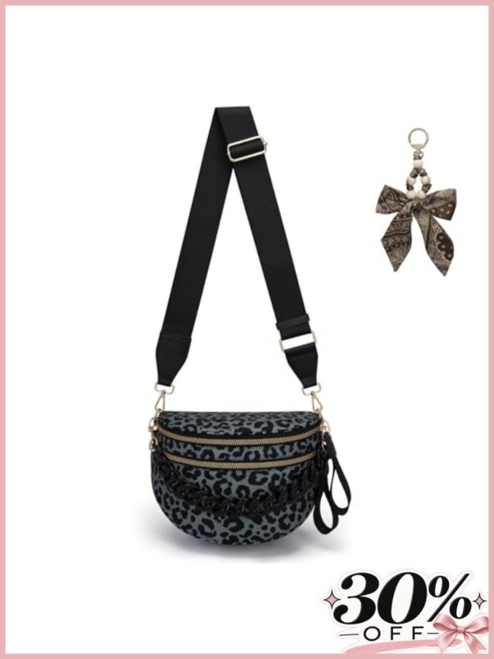 Leopard Crossbody Bag Double Zip Nylon Bum Bag Wide Strap Wallet with Chain